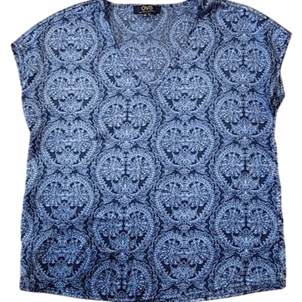 OVS Paisley V Neck Tunic Blouse Navy Print S Casual Minimal Summer Chic